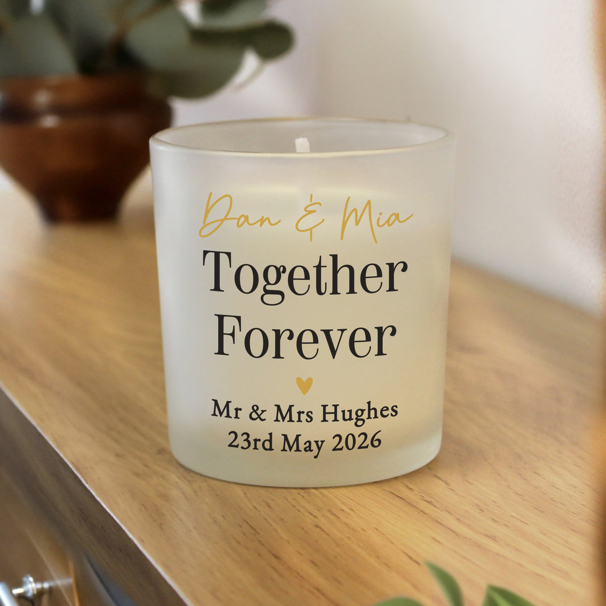 Personalised Black & Gold Frosted Candle | Custom Message Gift for Weddings & Anniversaries - Artfully Curated Creations and identify whats in the image