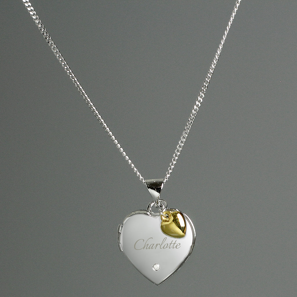 Personalised Sterling Silver & Gold Plated Diamond Heart Locket | Engraved Name & Photo Keepsake Necklace