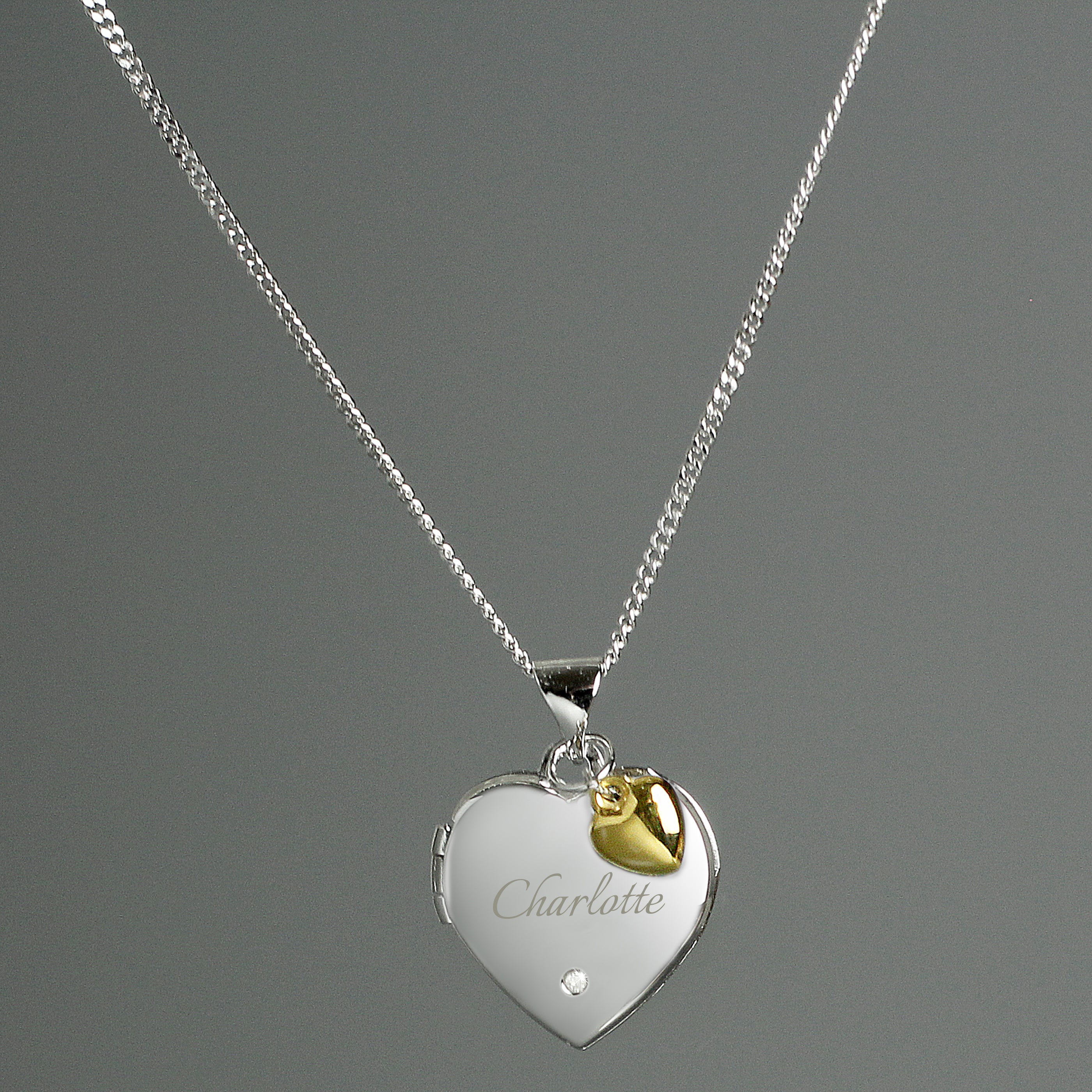 Personalised Sterling Silver & Gold Plated Diamond Heart Locket | Engraved Name & Photo Keepsake Necklace