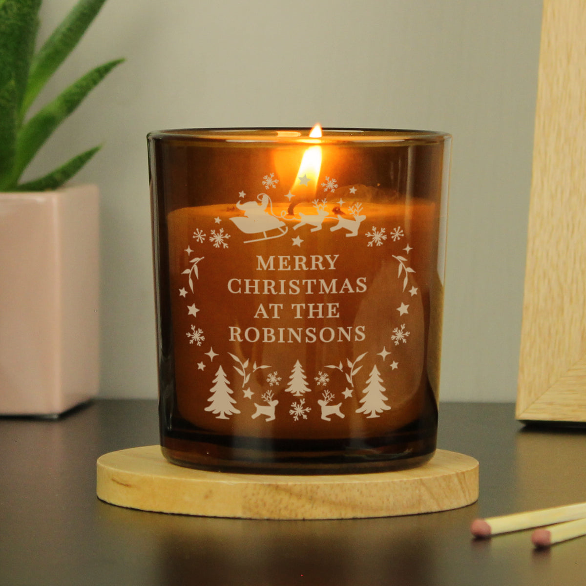 Personalised Amber Glass Vanilla Candle Jar | Custom Christmas Gift - Artfully Curated Creations and identify whats in the image
