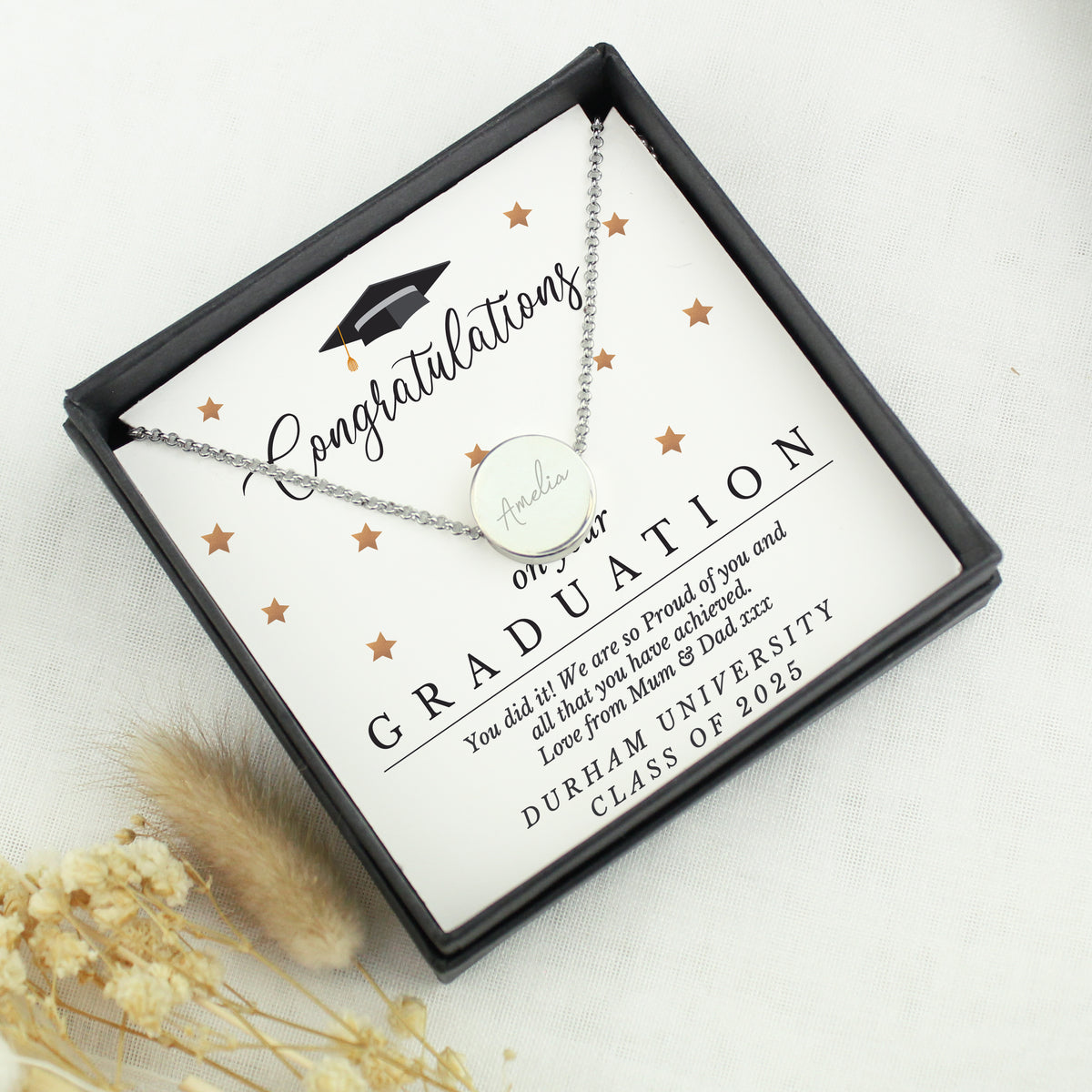Personalised Graduation Necklace | Engraved Sentiment Card & Gift Box Keepsake - Artfully Curated Creations and identify whats in the image