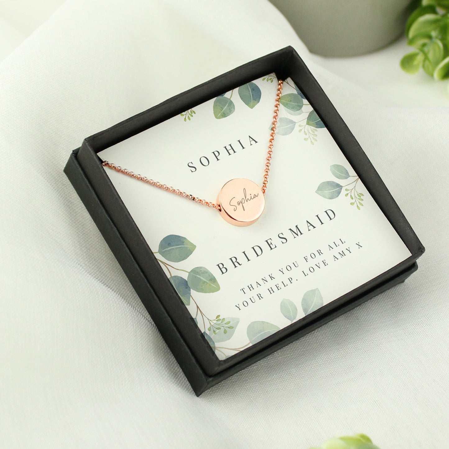 Personalised Disc Necklace|  Engraved Gift Box for Bridesmaids, Weddings & Special Occasions - Artfully Curated Creations and identify whats in the image