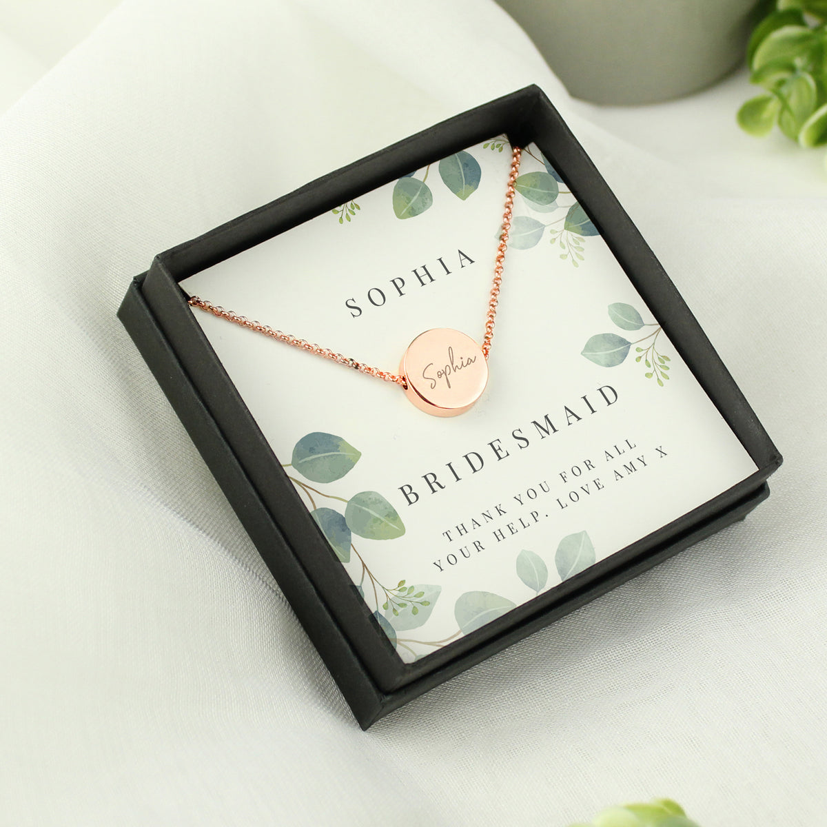 Personalised Disc Necklace|  Engraved Gift Box for Bridesmaids, Weddings & Special Occasions - Artfully Curated Creations and identify whats in the image