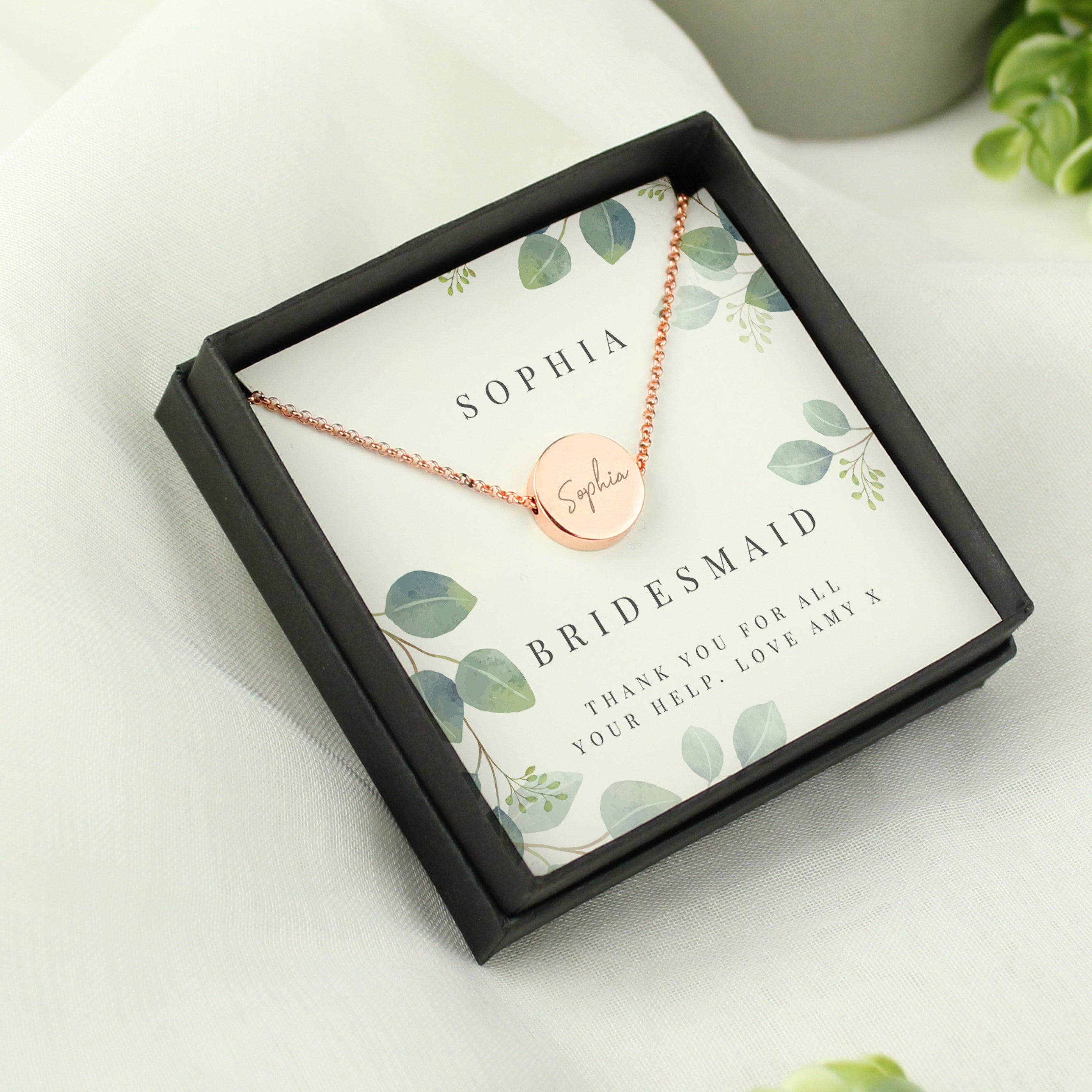 Personalised Disc Necklace|  Engraved Gift Box for Bridesmaids, Weddings & Special Occasions