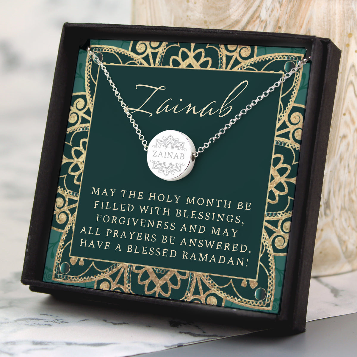Personalised Eid Silver Disc Necklace | Engraved Pendant & Sentiment Card Gift Box - Artfully Curated Creations and identify whats in the image
