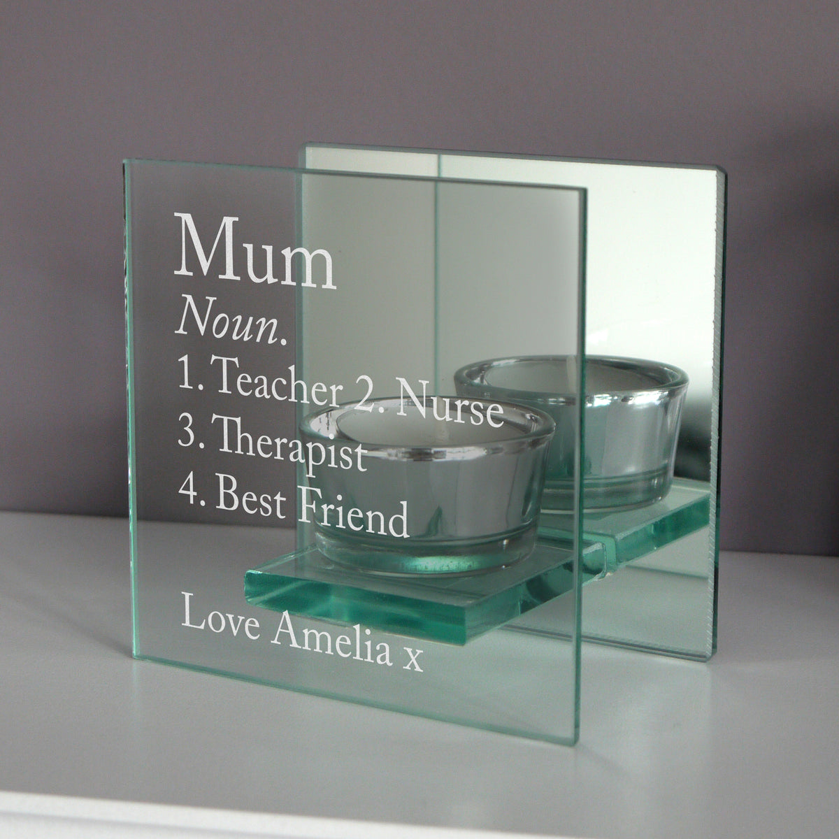 Personalised Mirrored Glass Tea Light Holder | A Stylish Gift for Any Occasion - Artfully Curated Creations and identify whats in the image