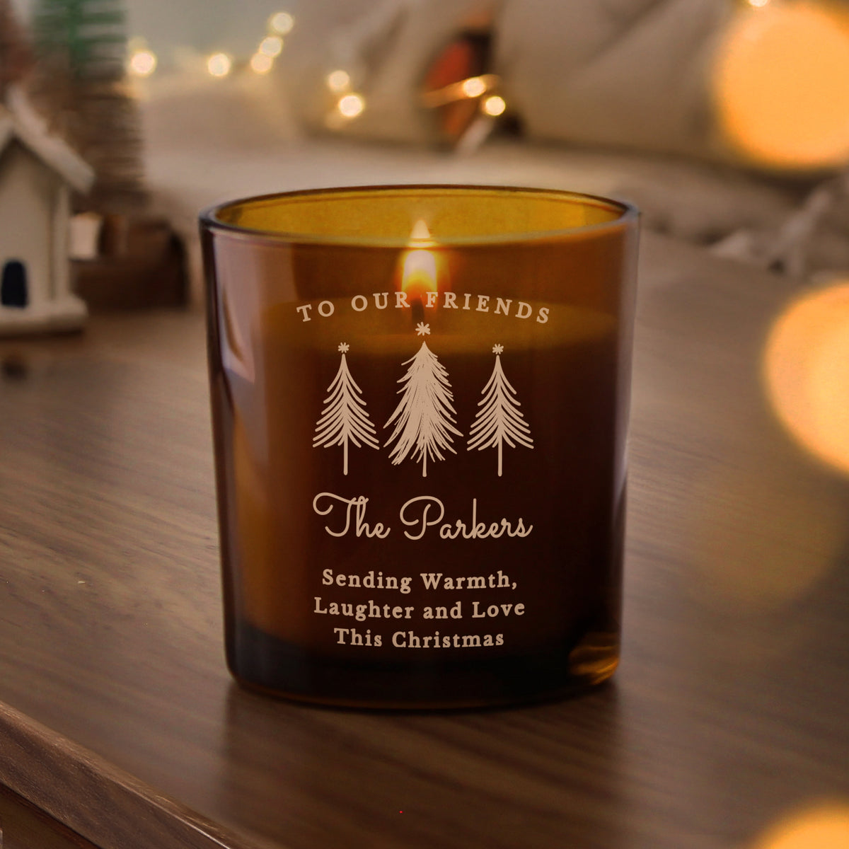 Personalised Amber Glass Vanilla Candle Jar | Custom Festive Keepsake Gift - Artfully Curated Creations and identify whats in the image