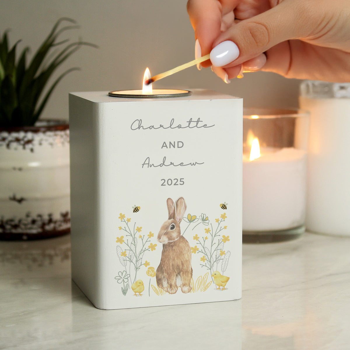 Personalised Spring Bunny Tealight Holder | Custom Wooden Spring Gift - Artfully Curated Creations and identify whats in the image