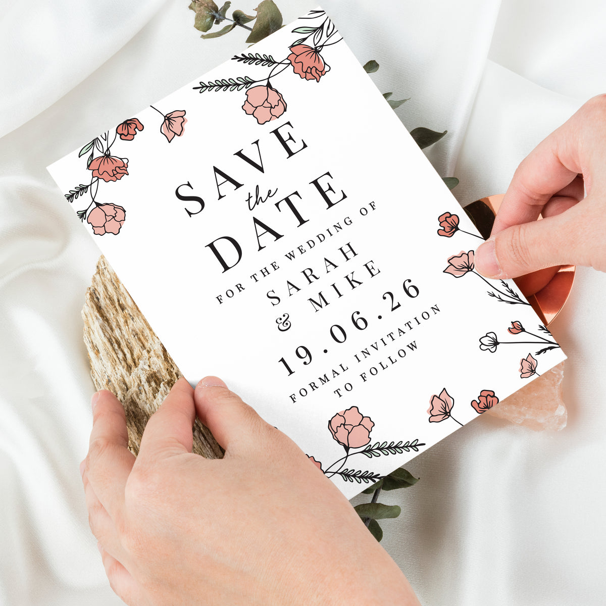 Personalised Pink Floral Save the Date Cards | A Stylish Way to Announce Your Wedding - Artfully Curated Creations and identify whats in the image