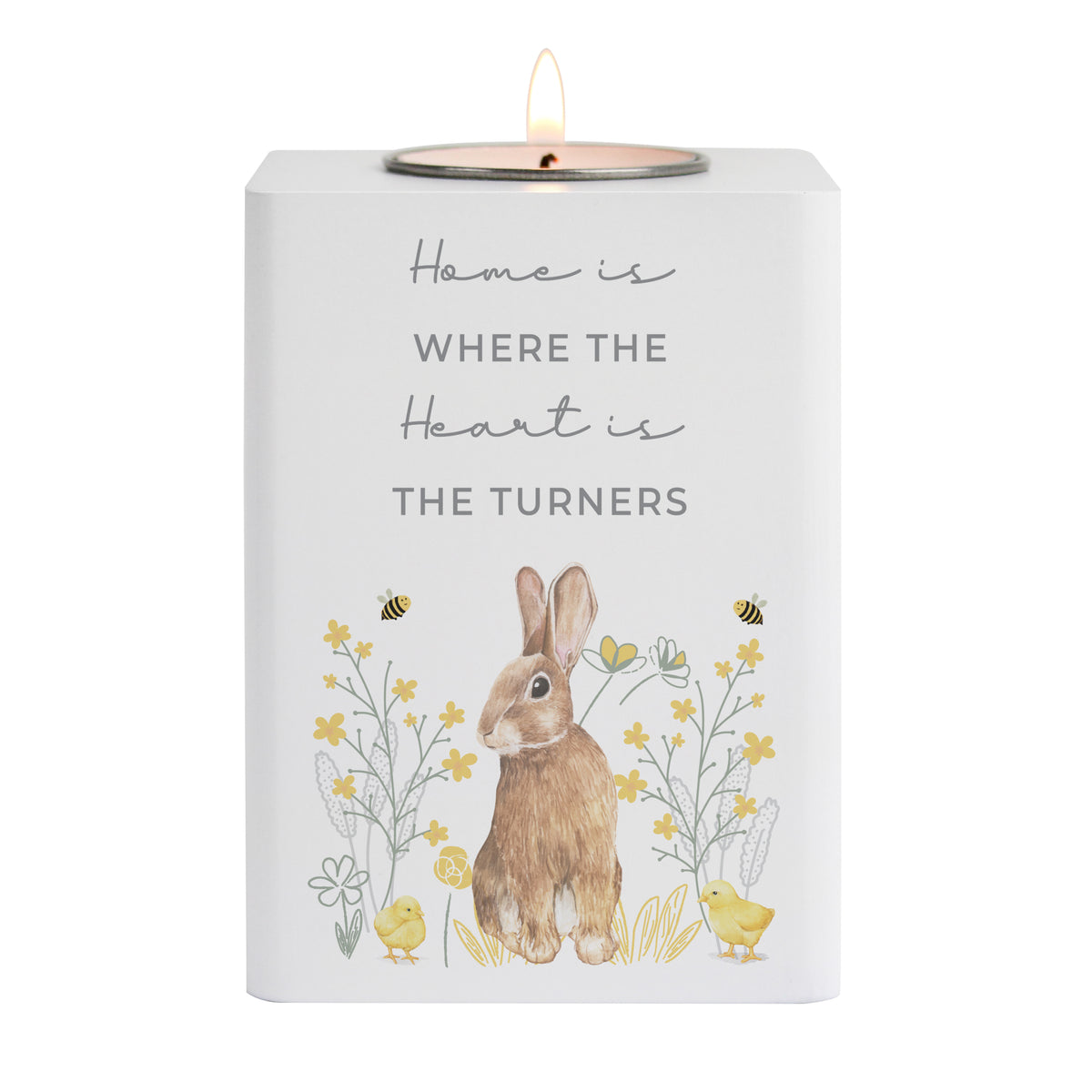 Personalised Spring Bunny Tealight Holder | Custom Wooden Spring Gift - Artfully Curated Creations and identify whats in the image