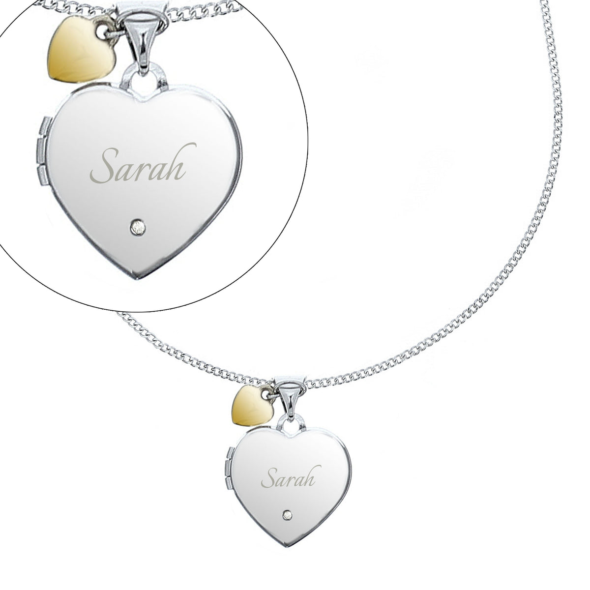 Personalised Sterling Silver & Gold Plated Diamond Heart Locket | Engraved Name & Photo Keepsake Necklace - Artfully Curated Creations and identify whats in the image