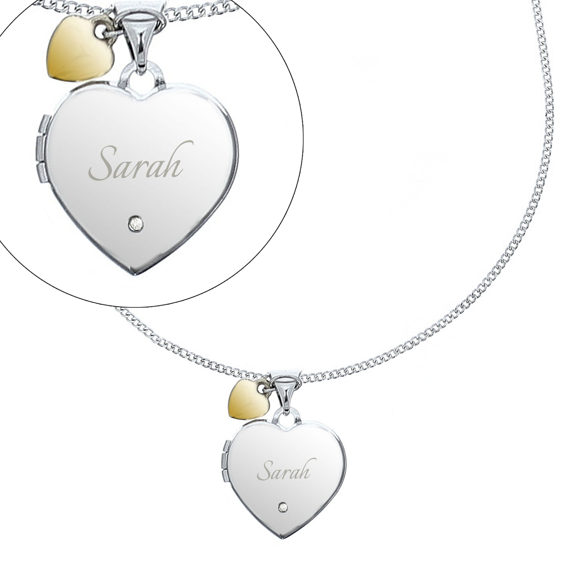 Personalised Sterling Silver & Gold Plated Diamond Heart Locket | Engraved Name & Photo Keepsake Necklace - Artfully Curated Creations and identify whats in the image