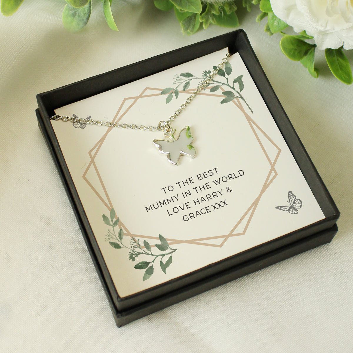 Personalised Butterfly Necklace | Engraved Sentiment Card & Gift Box for Any Occasion - Artfully Curated Creations and identify whats in the image
