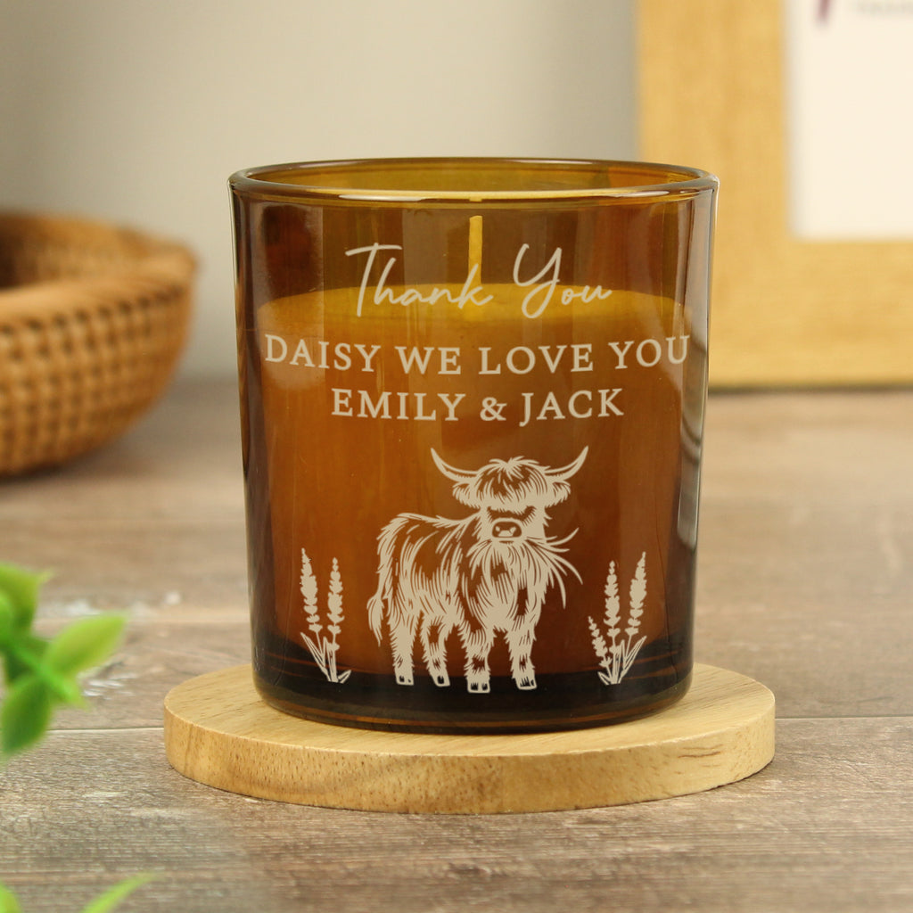 Highland Cow Personalised Amber Glass Vanilla Candle Jar | Custom Message Gift for Any Occasion