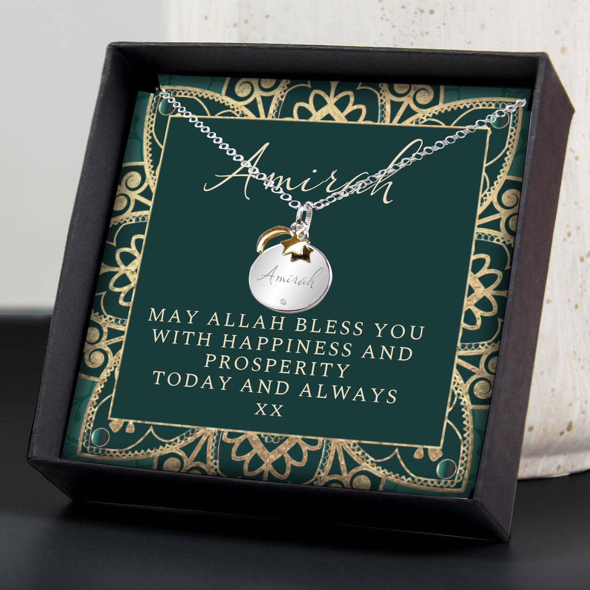 Personalised Eid Silver Disc Necklace | Engraved Pendant & Sentiment Card Gift Box - Artfully Curated Creations and identify whats in the image