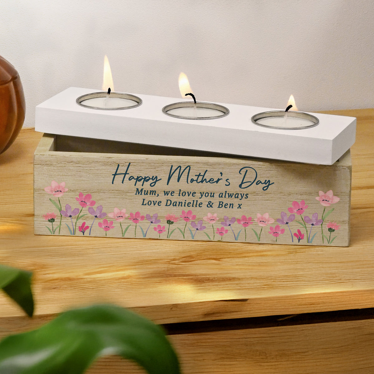 Personalised Shabby Chic Floral Tea Light Box | Custom Message Wooden Gift - Artfully Curated Creations and identify whats in the image