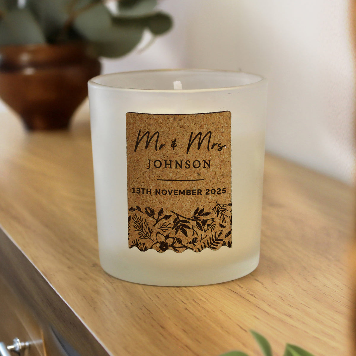 Personalised Wedding Cork Label Vanilla Candle |  Custom Keepsake Gift for Newlyweds - Artfully Curated Creations and identify whats in the image