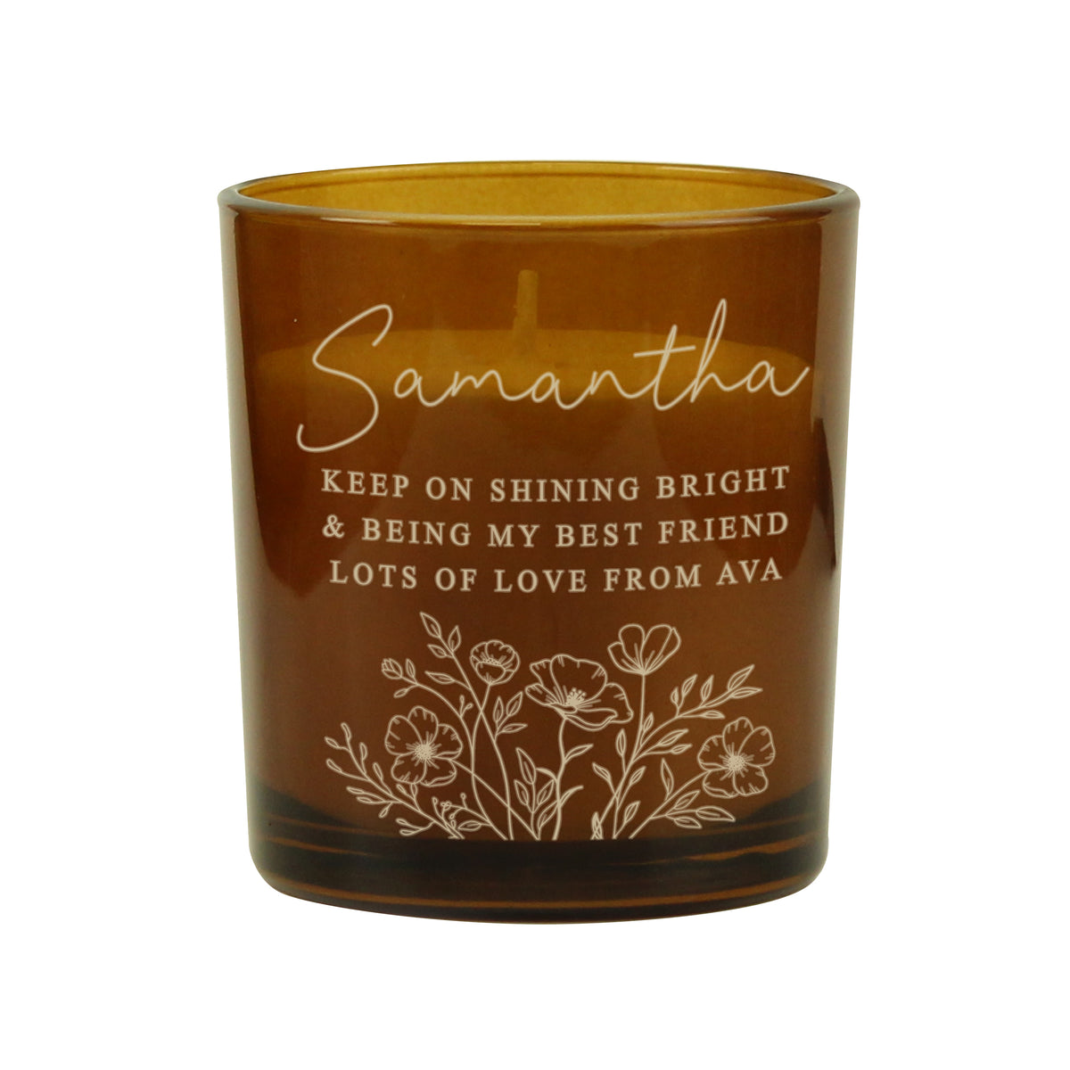 Personalised Floral Amber Glass Vanilla Candle Jar | Custom Message Gift for Any Occasion - Artfully Curated Creations and identify whats in the image