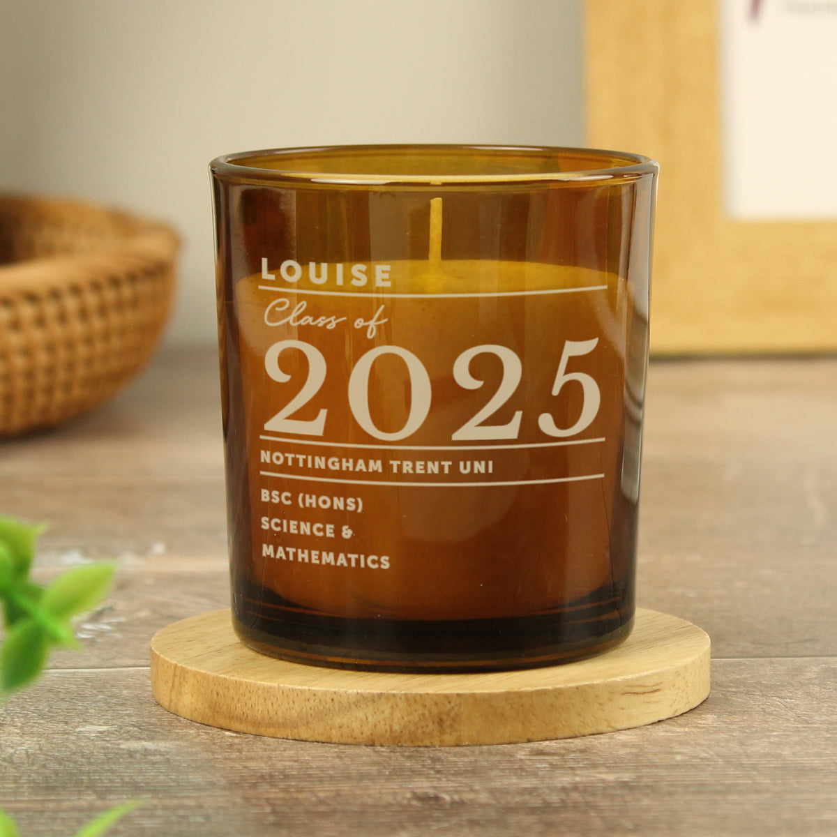 Personalised Amber Glass Vanilla Candle Jar | Graduation Keepsake Gift - Artfully Curated Creations and identify whats in the image