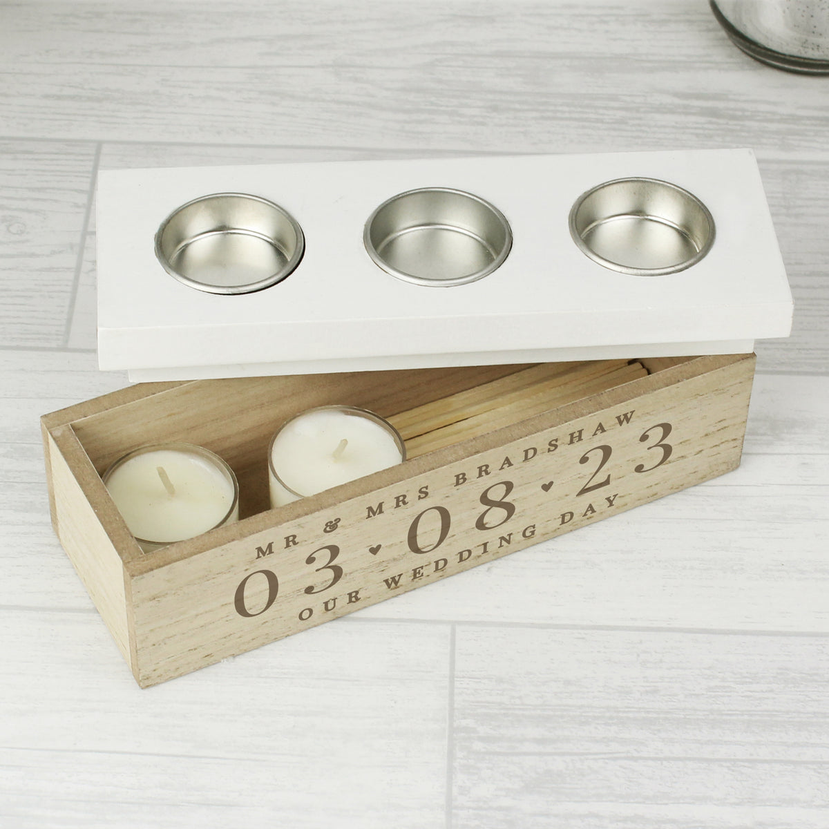 Personalised Triple Tealight Holder | A Beautiful Way to Commemorate a Special Date - Artfully Curated Creations and identify whats in the image