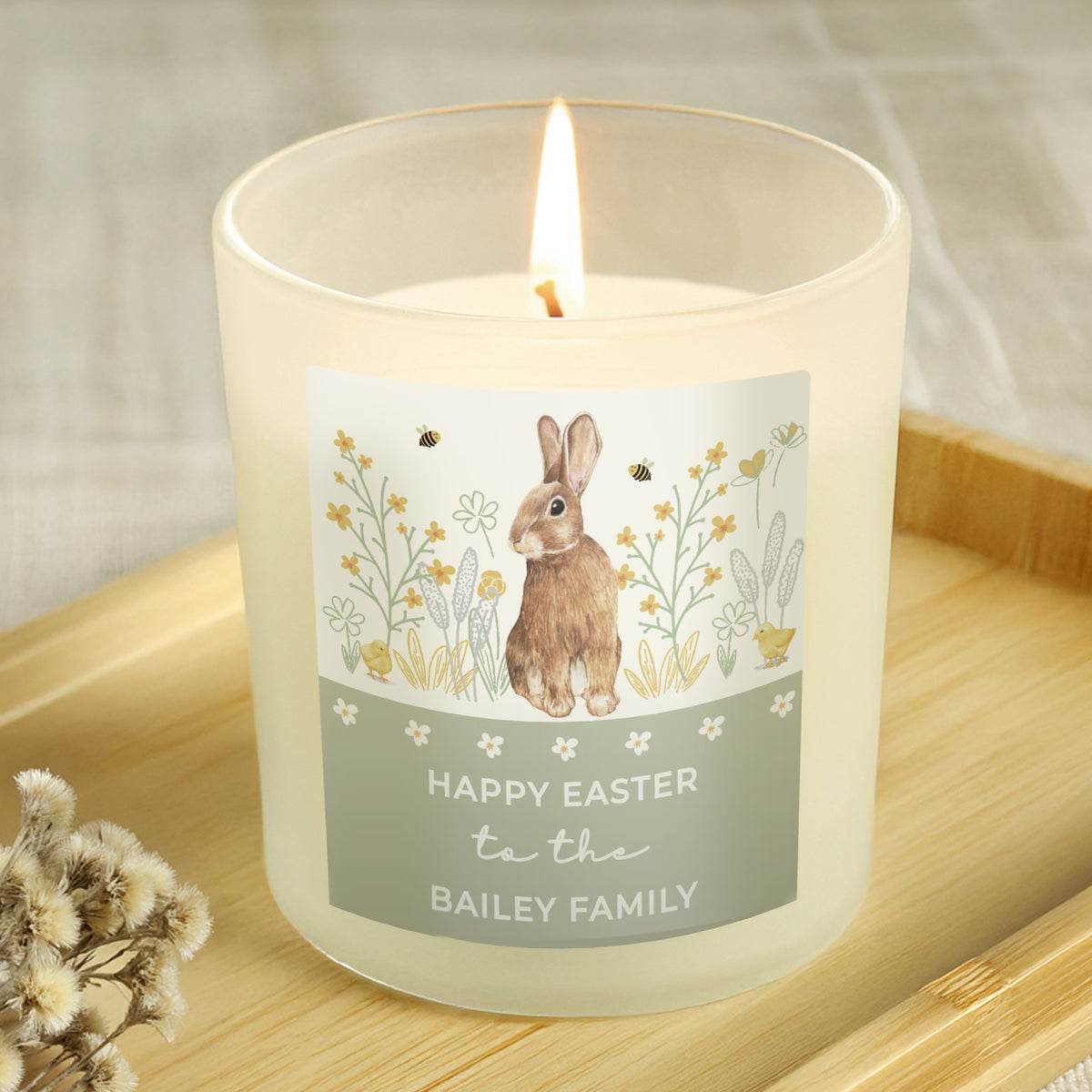 Personalised Spring Bunny Vanilla Candle Jar | Custom Seasonal Gift - Artfully Curated Creations and identify whats in the image