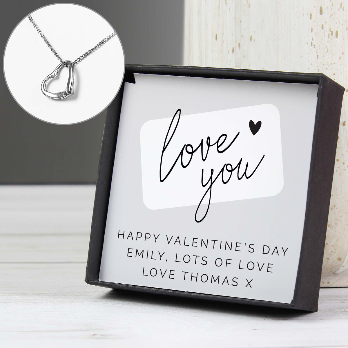 Personalised ‘Love You’ Silver Necklace | Engraved Sentiment Card & Gift Box - Artfully Curated Creations and identify whats in the image