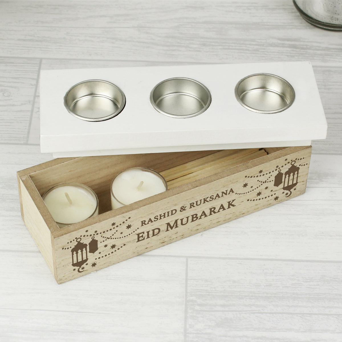 Personalised Triple Tealight Holder | Ramadan & Eid Gift - Artfully Curated Creations and identify whats in the image