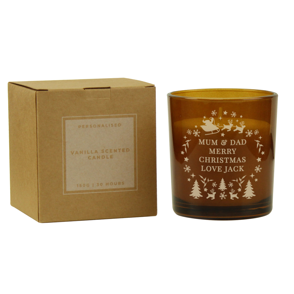 Personalised Amber Glass Vanilla Candle Jar | Custom Christmas Gift - Artfully Curated Creations and identify whats in the image