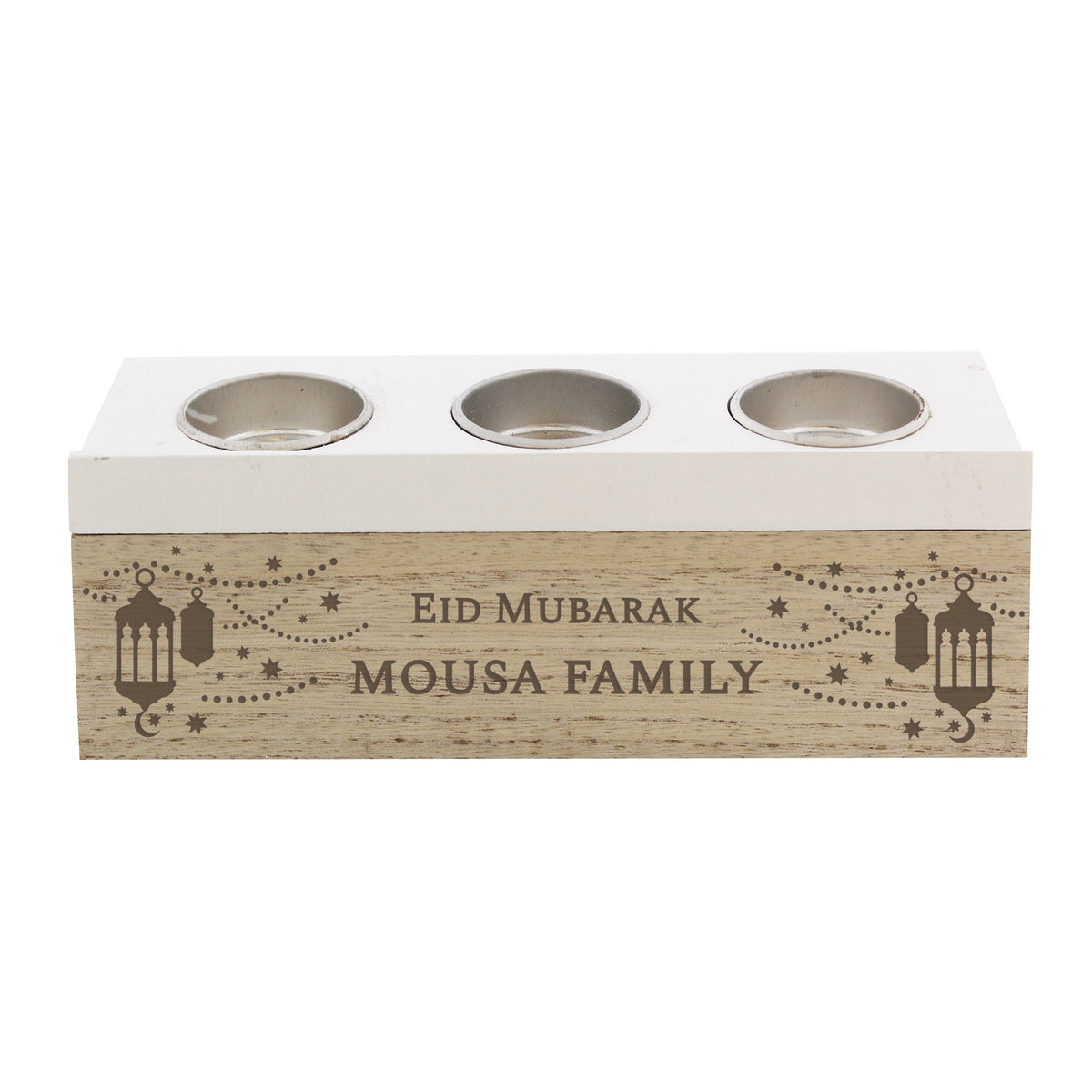Personalised Triple Tealight Holder | Ramadan & Eid Gift - Artfully Curated Creations and identify whats in the image