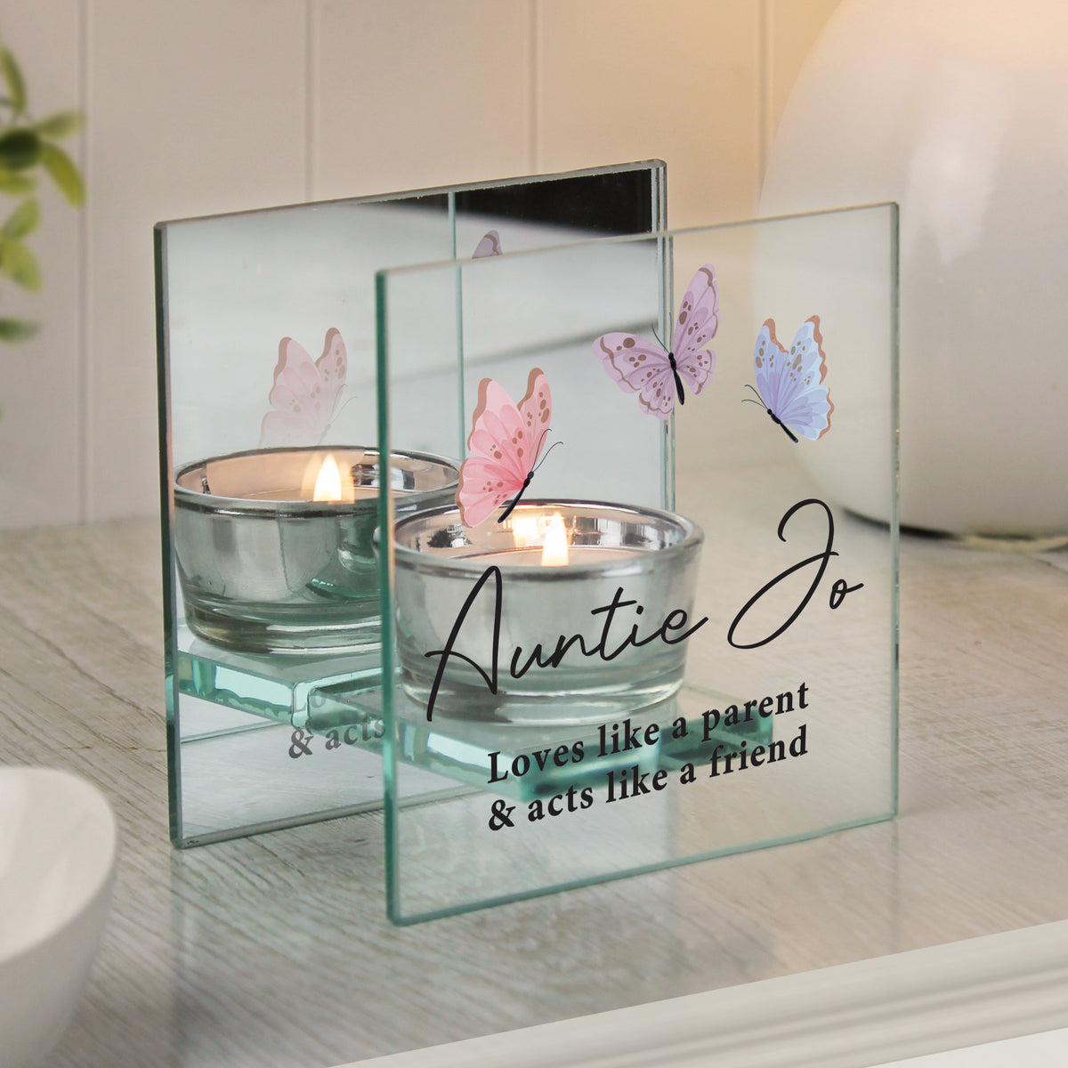 Personalised Butterfly Glass Tea Light Holder | Custom Message Gift for Mother’s Day & Birthdays - Artfully Curated Creations and identify whats in the image