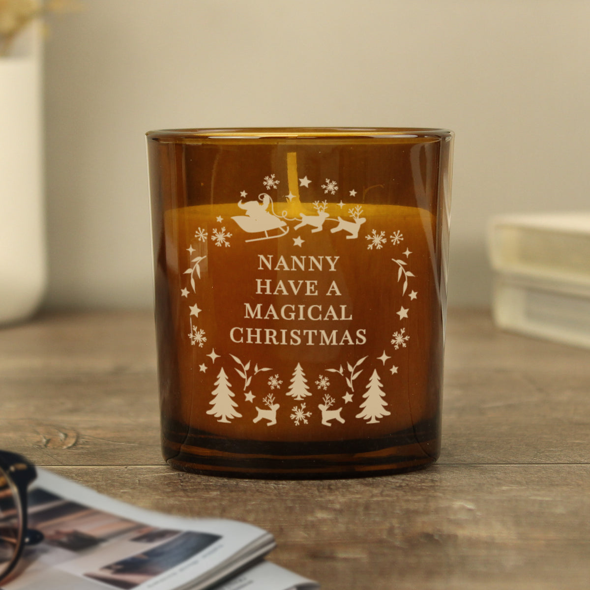 Personalised Amber Glass Vanilla Candle Jar | Custom Christmas Gift - Artfully Curated Creations and identify whats in the image