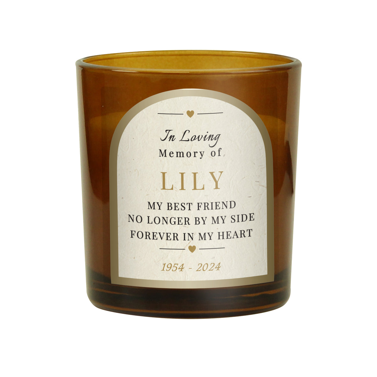 Personalised In Loving Memory Amber Glass Candle | A Comforting Memorial Keepsake - Artfully Curated Creations and identify whats in the image