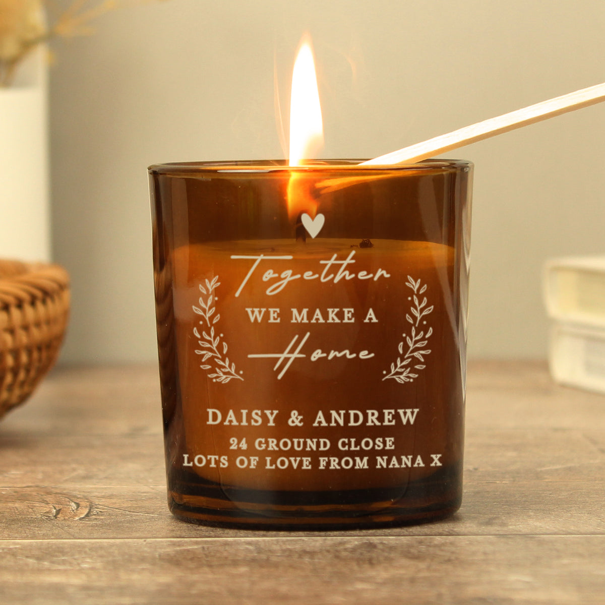 Personalised “Together We Make a Home” Amber Glass Candle Jar | Custom Housewarming Gift - Artfully Curated Creations and identify whats in the image
