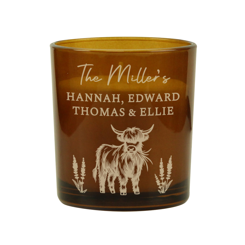 Highland Cow Personalised Amber Glass Vanilla Candle Jar | Custom Message Gift for Any Occasion