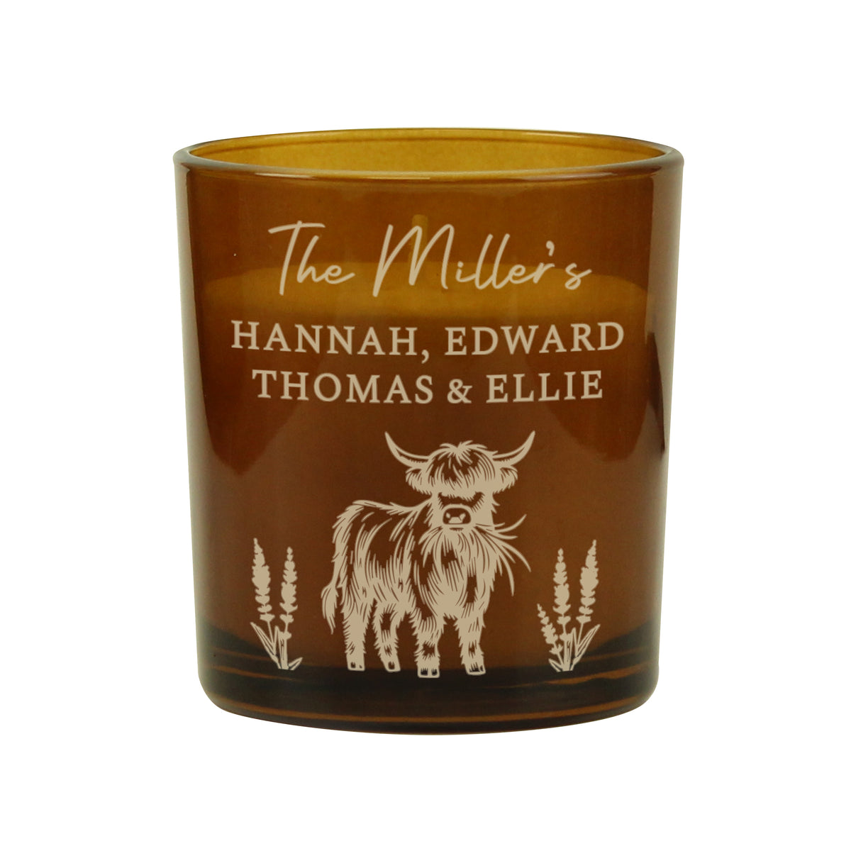 Highland Cow Personalised Amber Glass Vanilla Candle Jar | Custom Message Gift for Any Occasion - Artfully Curated Creations and identify whats in the image