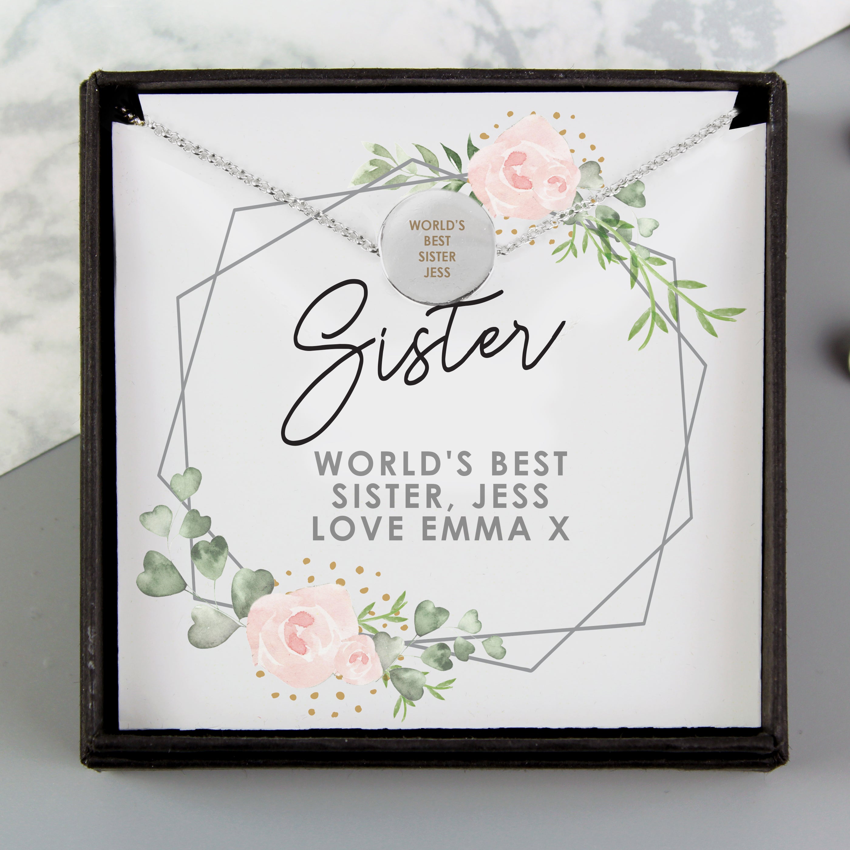 Personalised Abstract Silver Tone Necklace | Engraved Pendant & Sentiment Card Gift Box