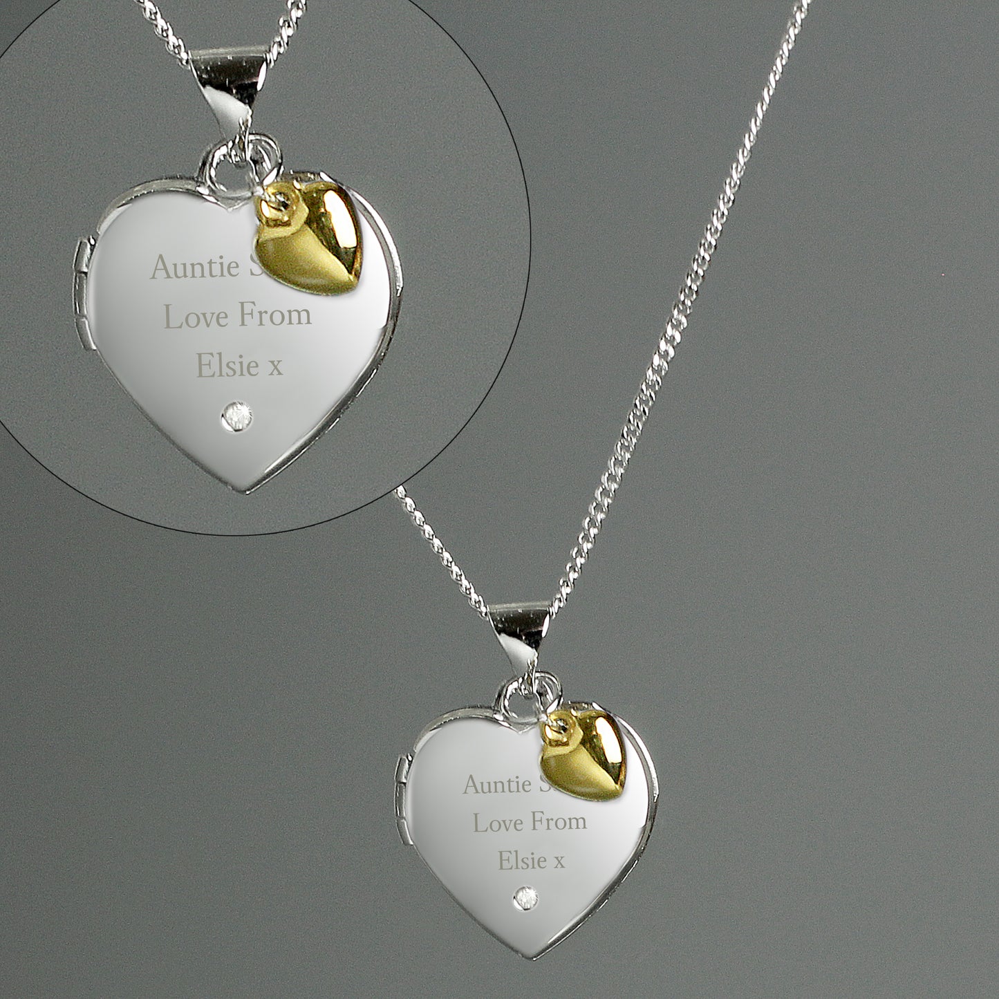 Personalised Sterling Silver & Gold Plated Diamond Heart Locket | Engraved Name & Photo Keepsake Necklace - Artfully Curated Creations and identify whats in the image