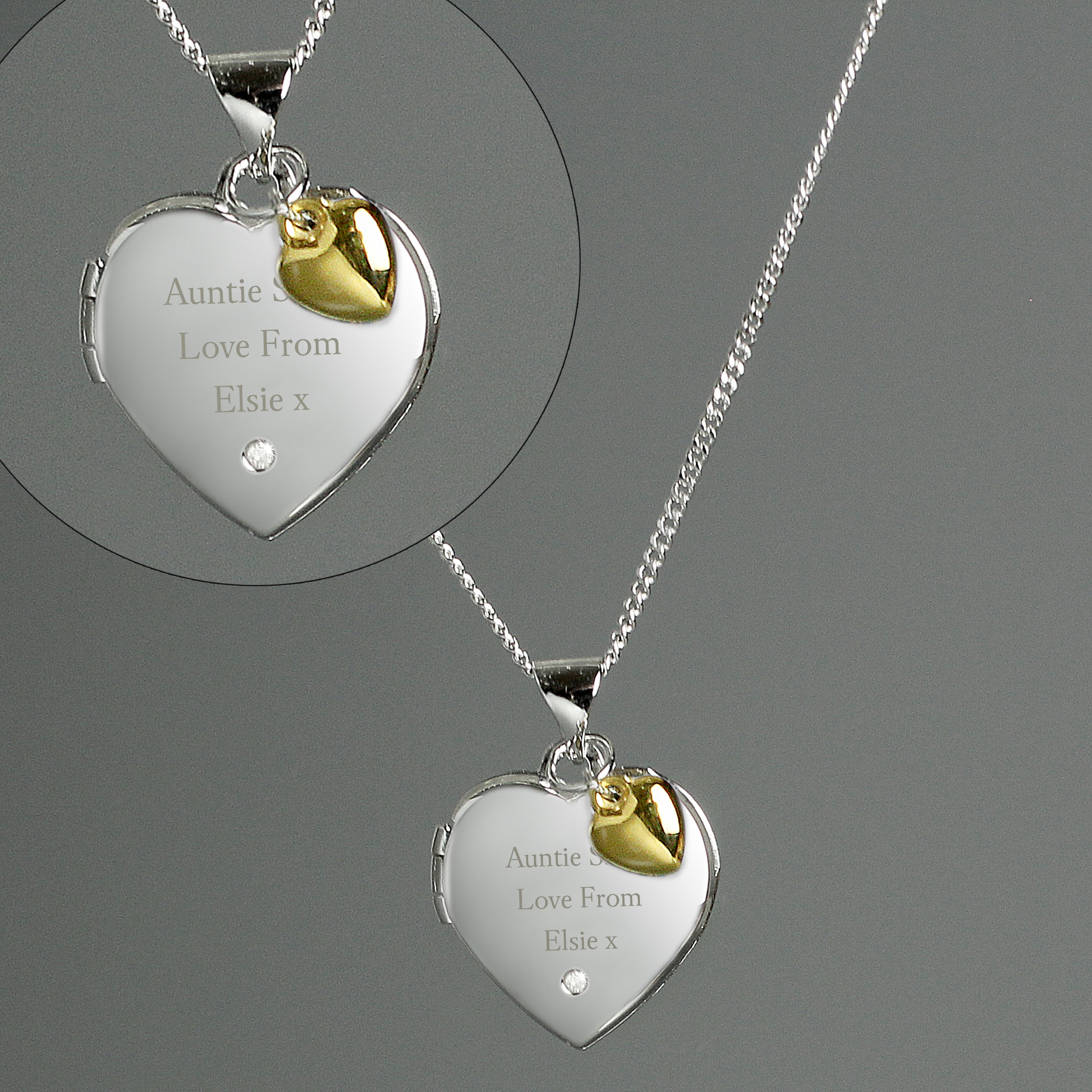 Personalised Sterling Silver & Gold Plated Diamond Heart Locket | Engraved Name & Photo Keepsake Necklace