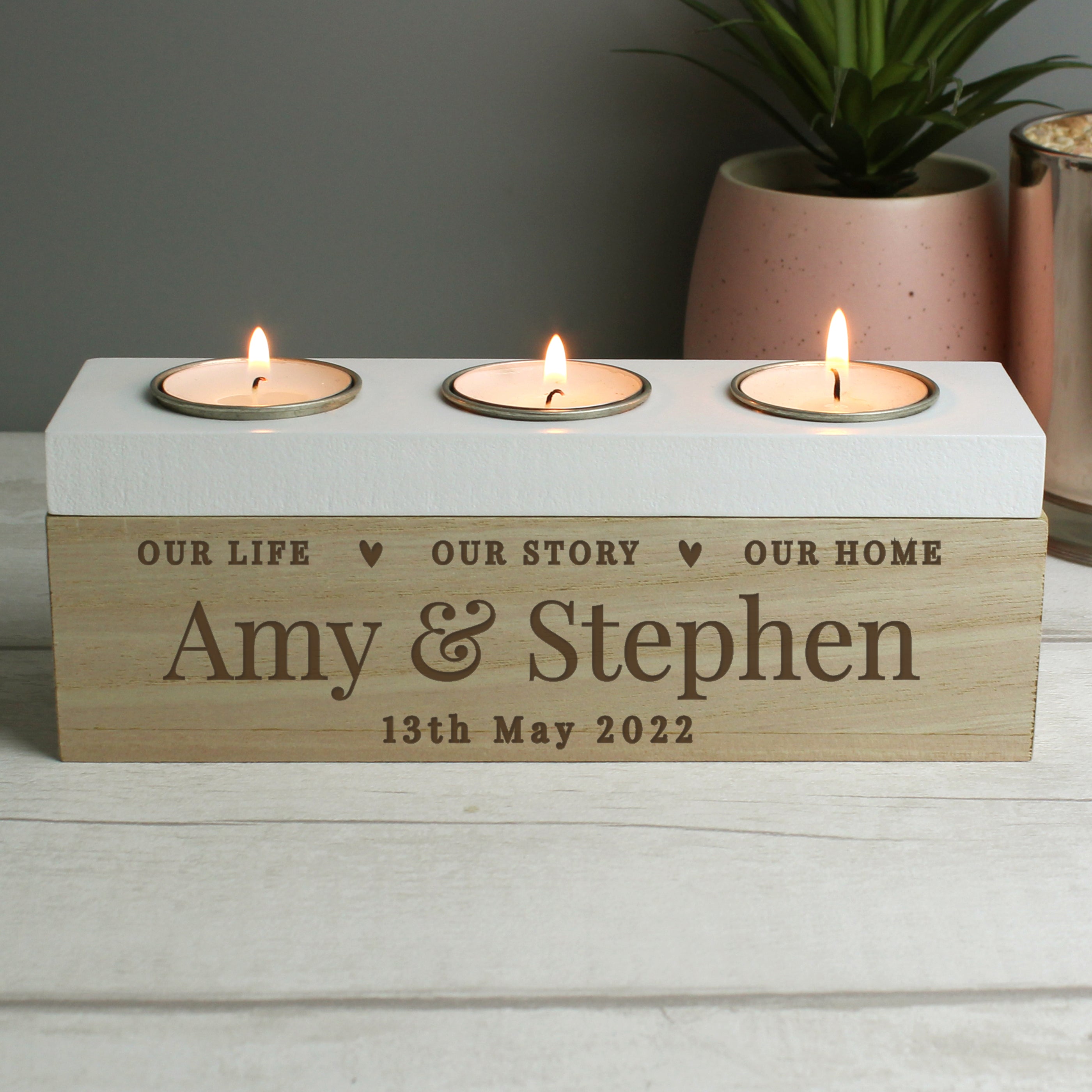 Personalised Wooden Triple Tealight Holder | A Heartfelt Keepsake for Any Home