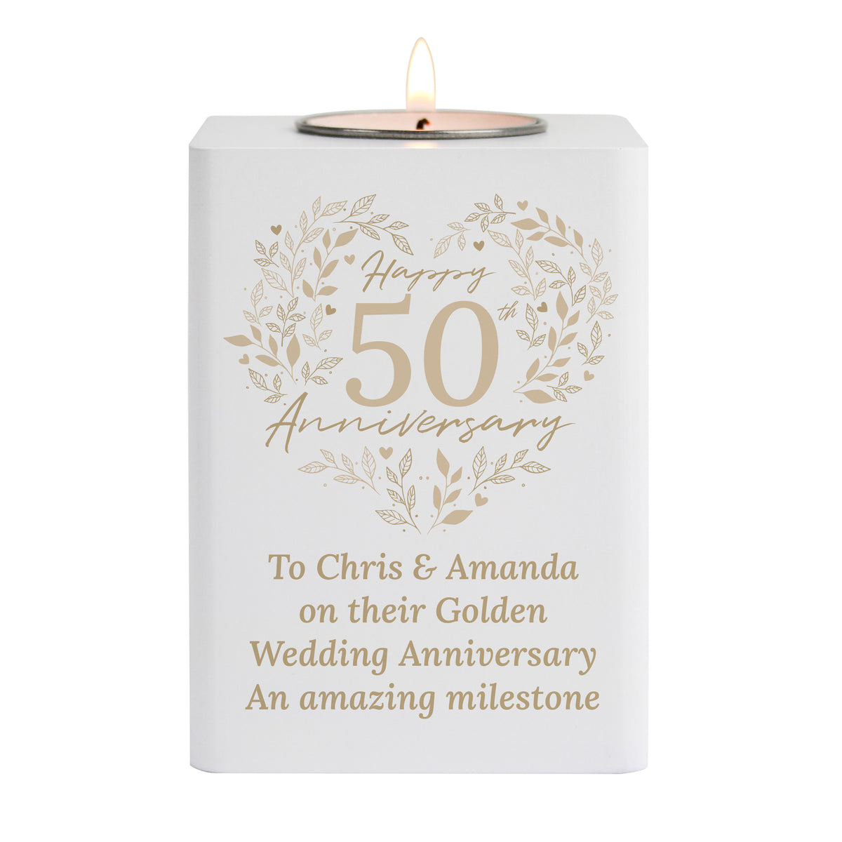 Personalised 50th Anniversary Tealight Holder | Golden Anniversary Keepsake - Artfully Curated Creations and identify whats in the image