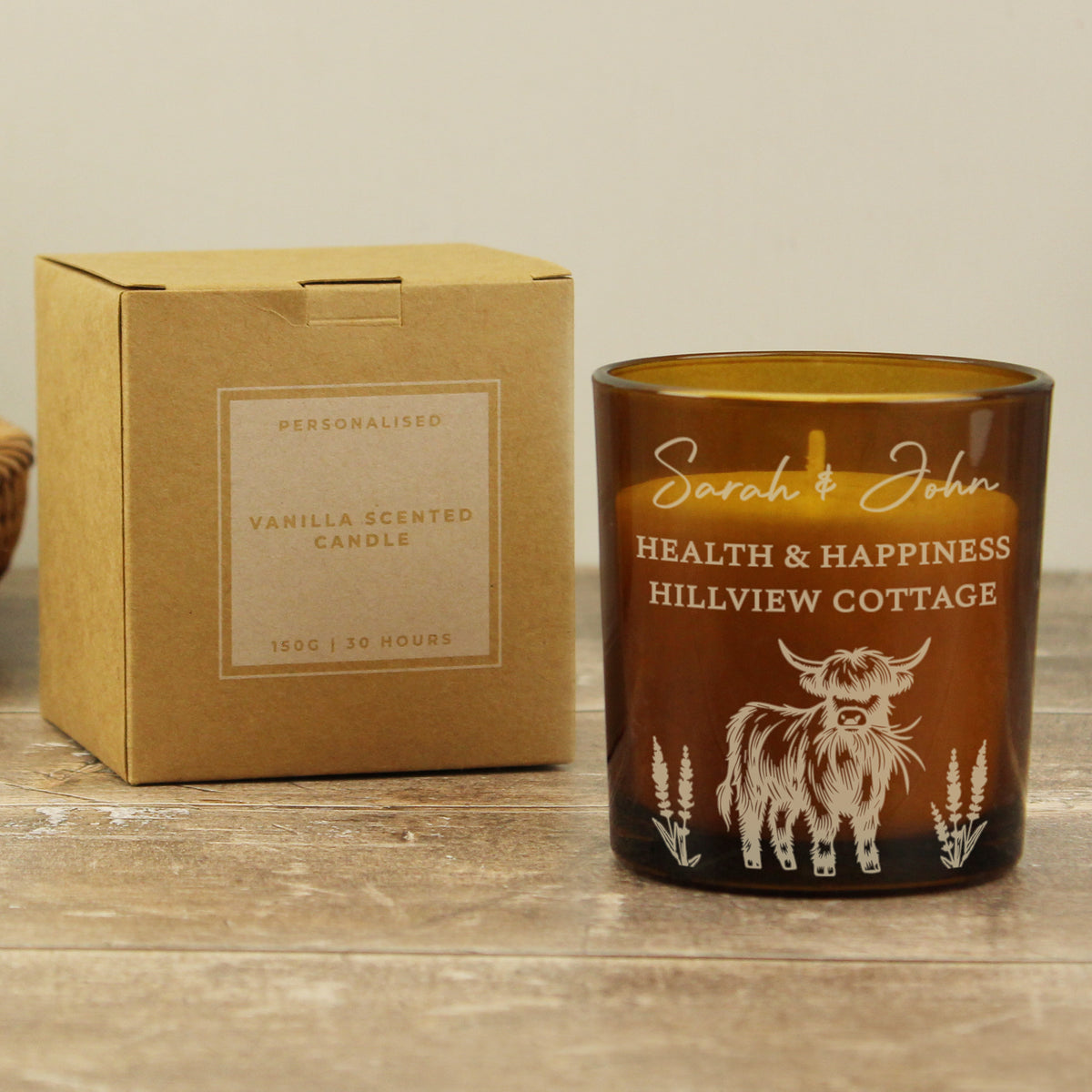 Highland Cow Personalised Amber Glass Vanilla Candle Jar | Custom Message Gift for Any Occasion - Artfully Curated Creations and identify whats in the image
