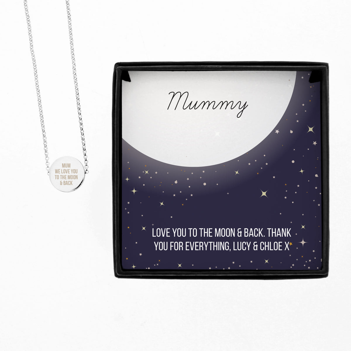 Personalised Silver Tone Necklace | Engraved Pendant & Keepsake Sentiment Card Gift Box - Artfully Curated Creations and identify whats in the image