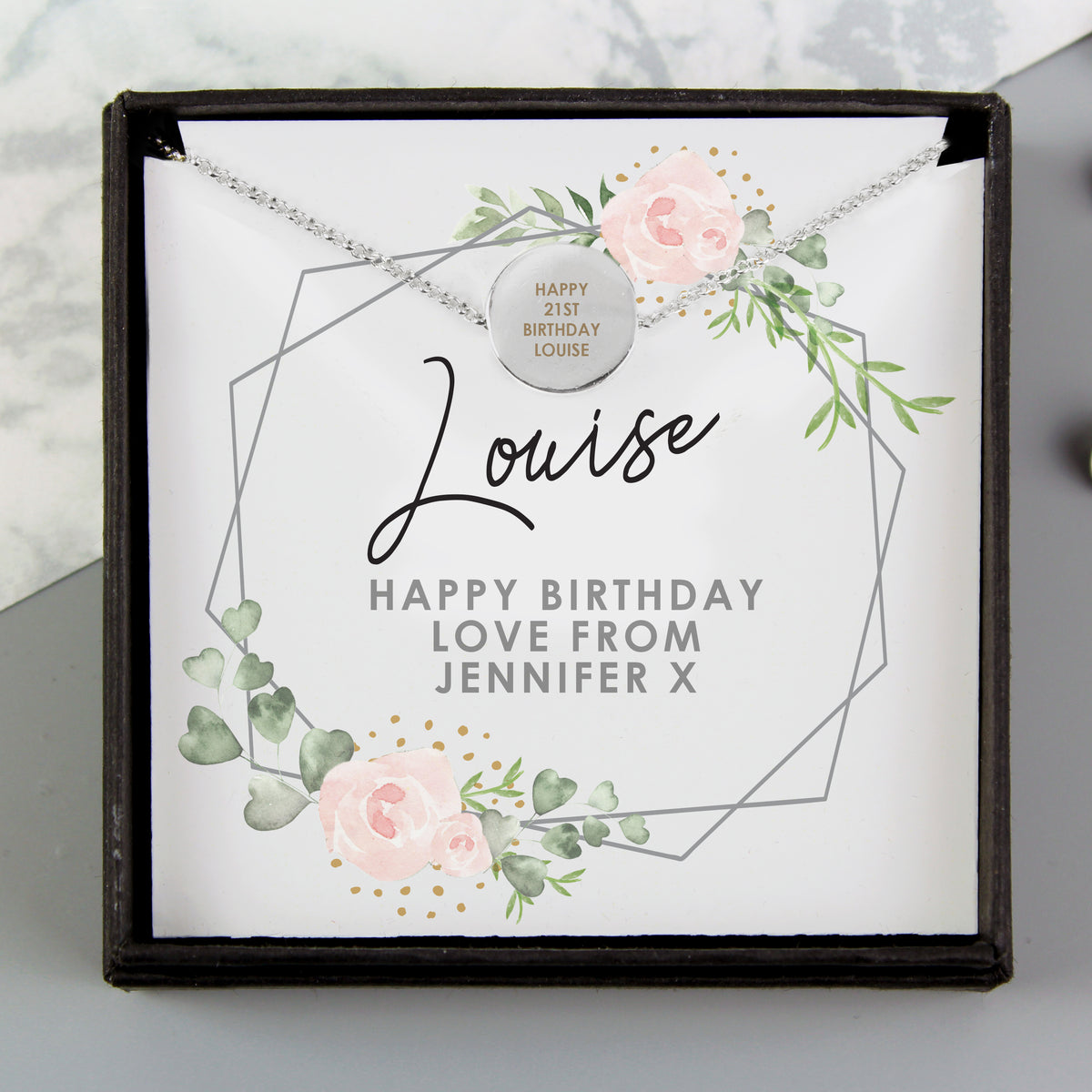 Personalised Abstract Silver Tone Necklace | Engraved Pendant & Sentiment Card Gift Box - Artfully Curated Creations and identify whats in the image