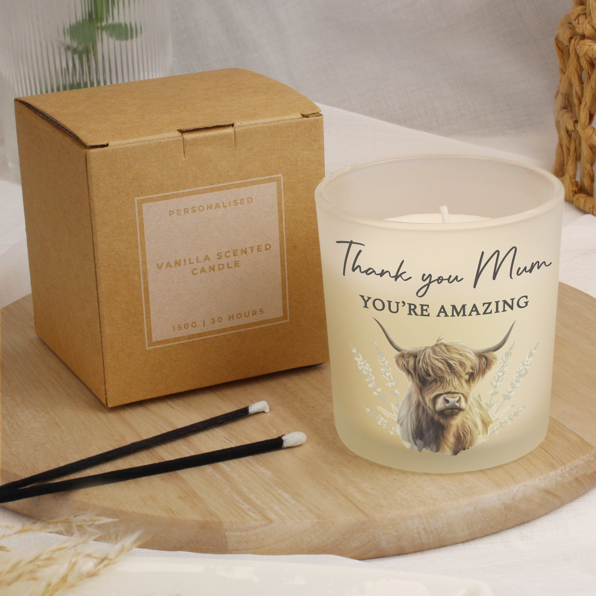 Personalised Highland Cow Vanilla Frosted Candle Jar | Custom Message Gift - Artfully Curated Creations and identify whats in the image