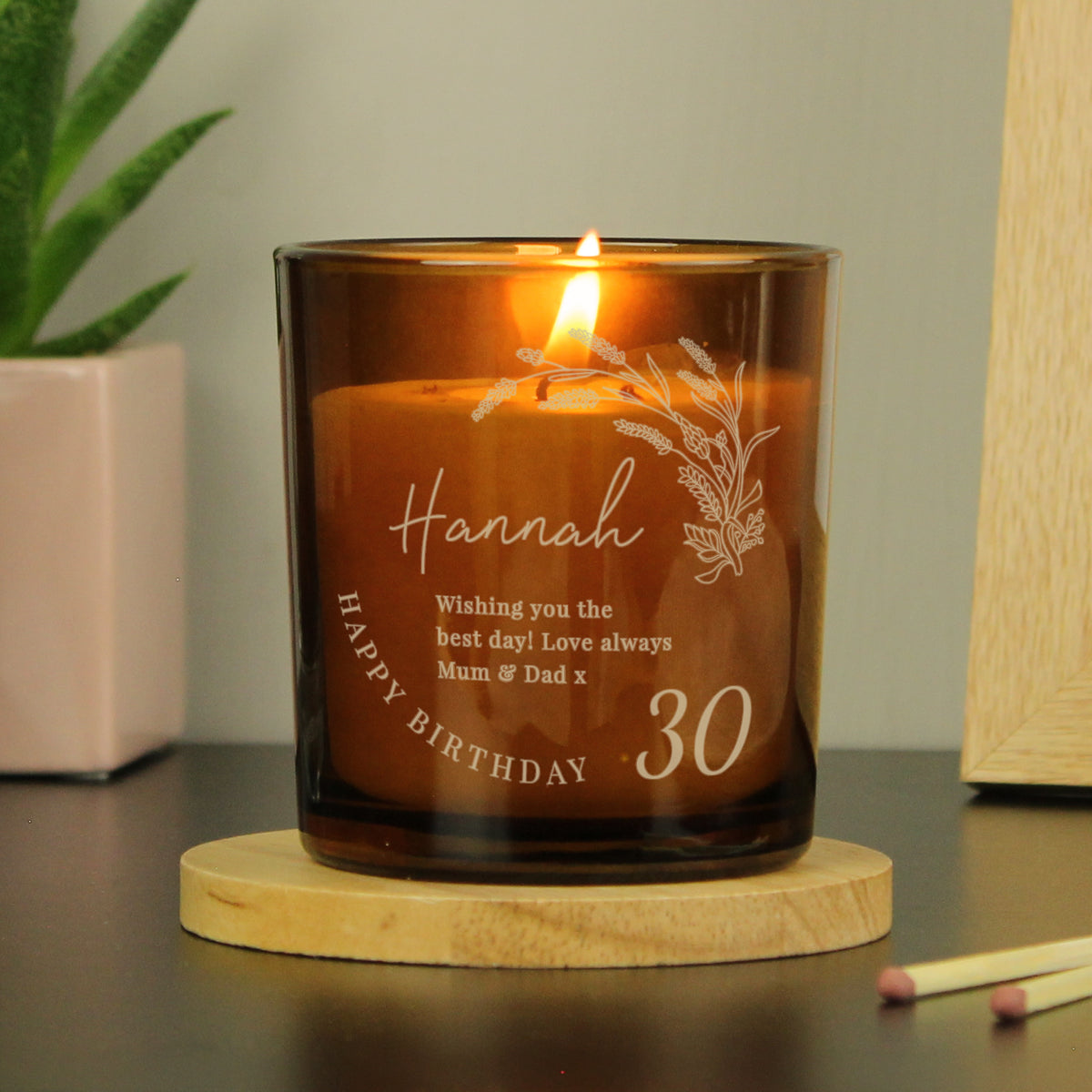 Personalised Amber Glass Vanilla Candle Jar | Birthday Keepsake Gift - Artfully Curated Creations and identify whats in the image