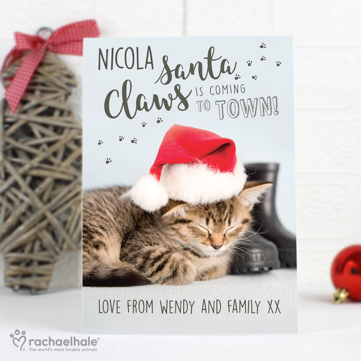 Personalised Rachael Hale “Santa Claws” Christmas Cat Card | The Purrfect Festive Surprise - Artfully Curated Creations and identify whats in the image