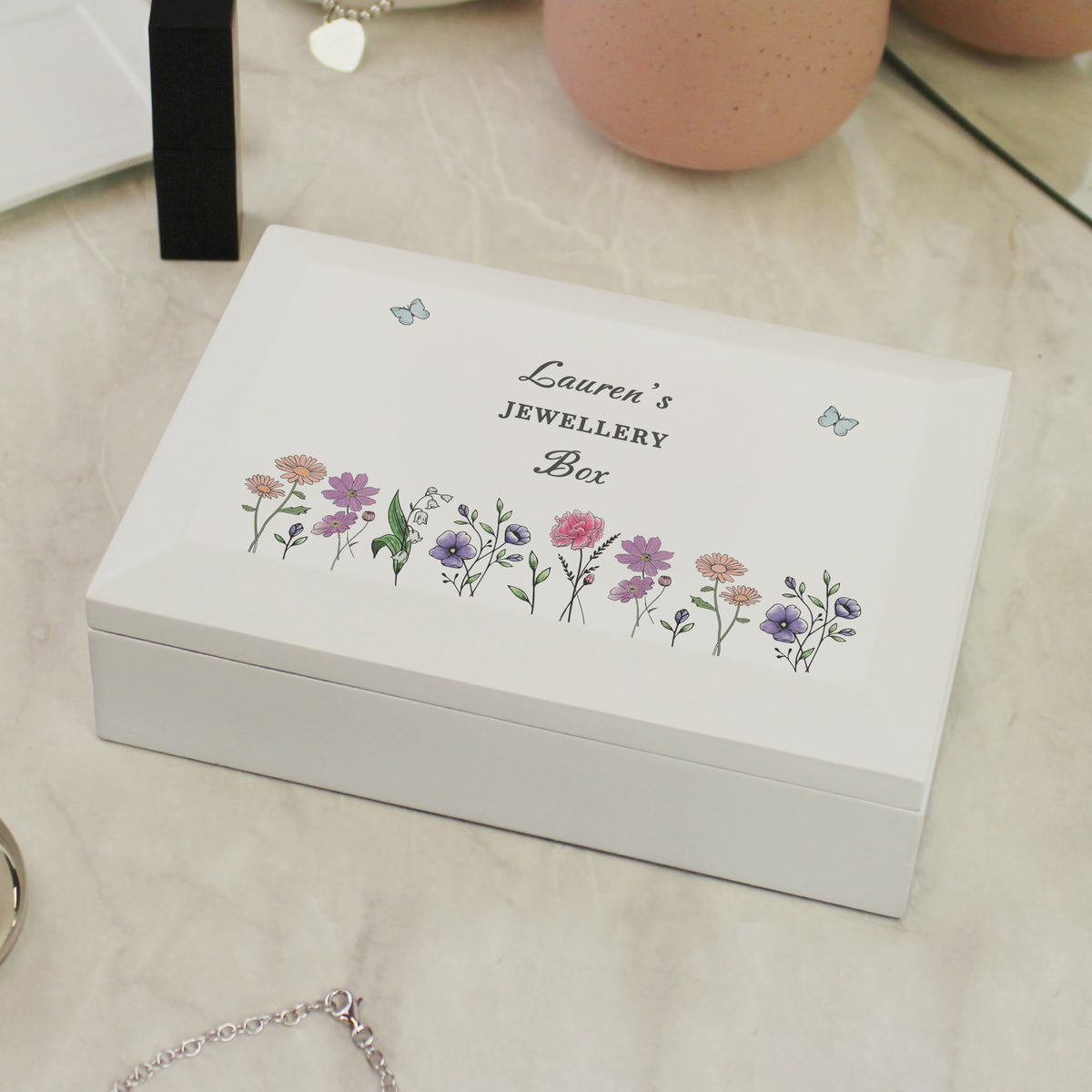 Personalised Wildflower White Wooden Jewellery Box | A Beautiful Keepsake for Cherished Treasures - Artfully Curated Creations and identify whats in the image