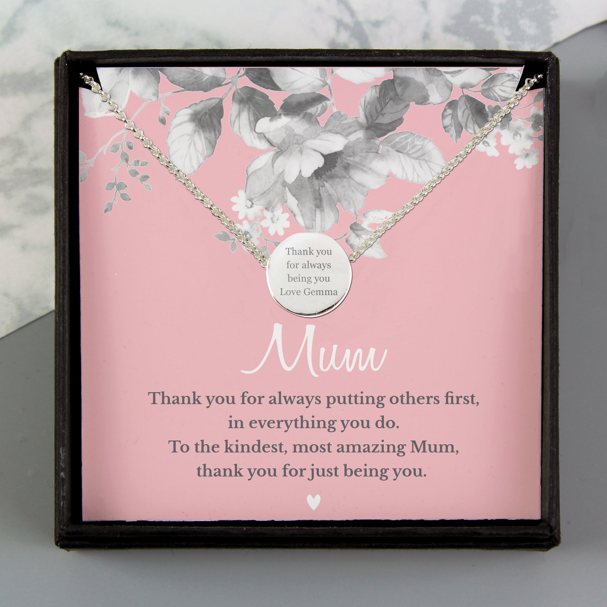 Personalised Silver Tone Necklace | ‘Mum’ Sentiment Gift Box for Mother’s Day & Special Occasions - Artfully Curated Creations and identify whats in the image