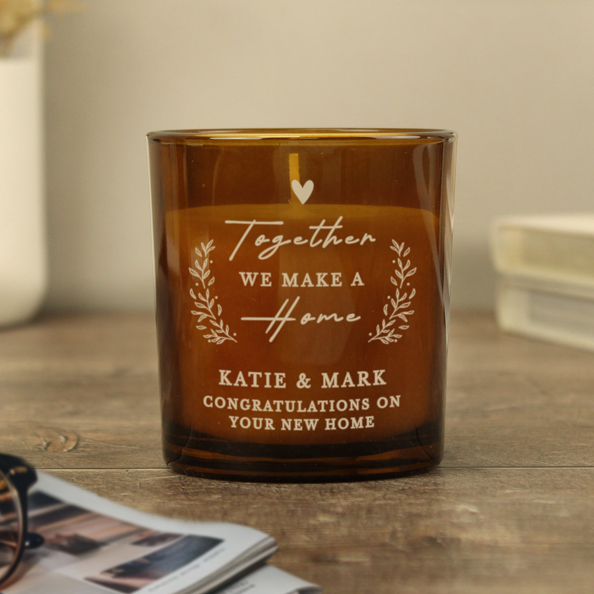 Personalised “Together We Make a Home” Amber Glass Candle Jar | Custom Housewarming Gift - Artfully Curated Creations and identify whats in the image