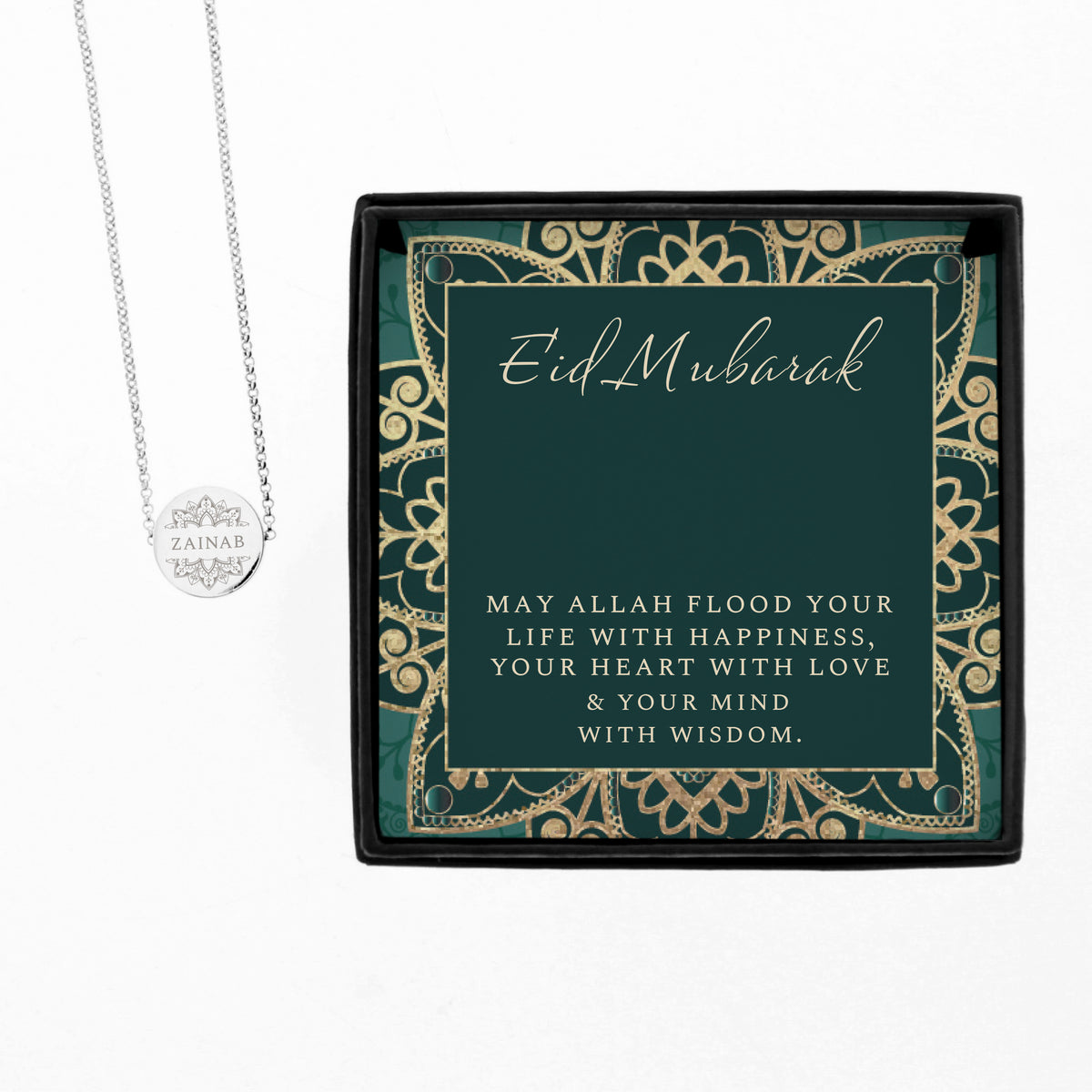 Personalised Eid Silver Disc Necklace | Engraved Pendant & Sentiment Card Gift Box - Artfully Curated Creations and identify whats in the image
